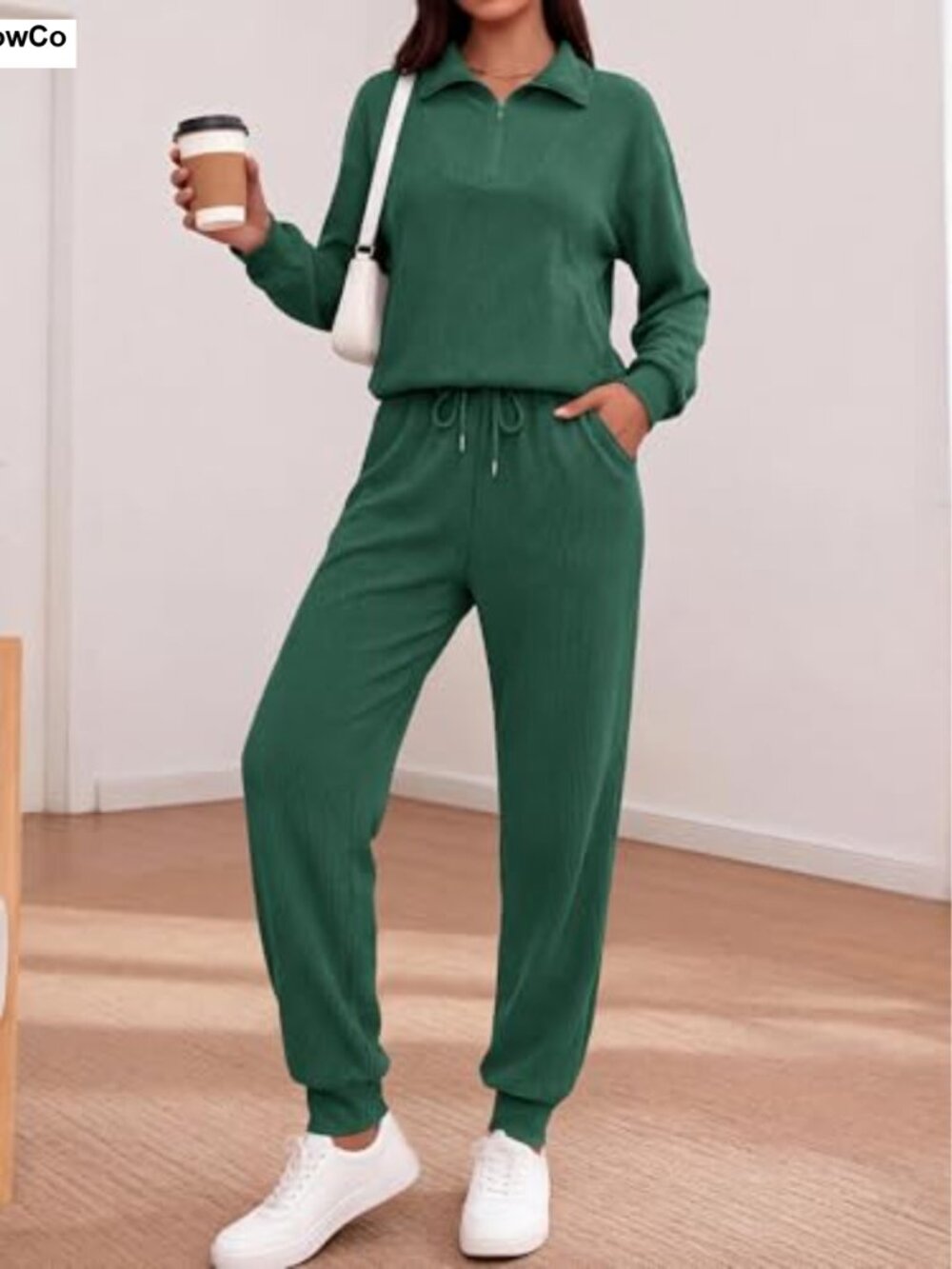 Women's 2 Piece Ribbed Knit Lounge Set with Half Zip and Pockets - Picture 3 of 6